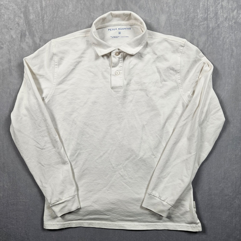 Peter Manning Polo Shirt Mens 2 White Long Sleeve Pima Cotton Stretch Casual - Picture 2 of 8